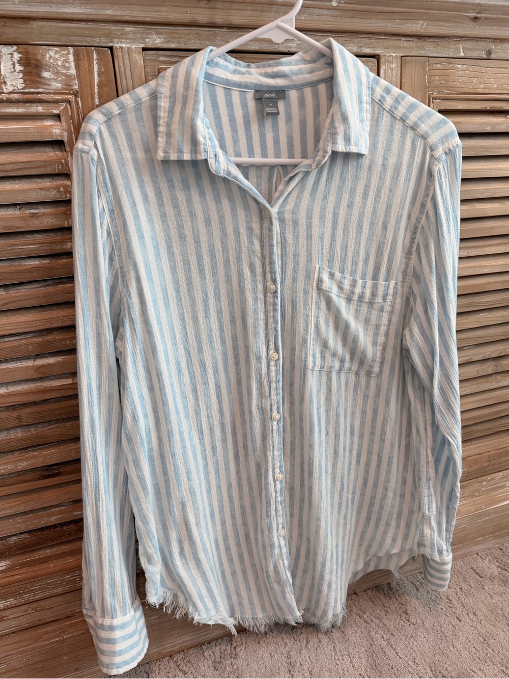 Aerie Blue & White Stripe Casual Lightweight Button-Down Shirt (Size Medium)